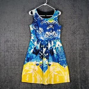 Cynthia Rowley Dress Women 6 Sleeveless Blue Yellow Abstract Artsy Fit Flare